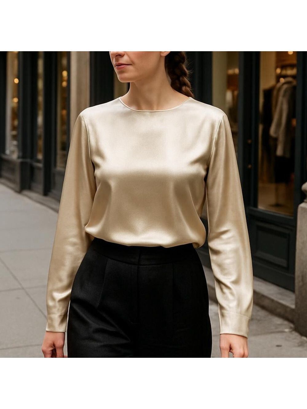 80s TALBOTS SILK PEWTER TAN SLEEK LONG SLEEVE & JEWEL NECKLINE MINIMALIST SZ 6